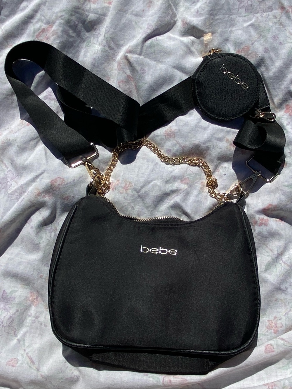 bebe Black Crossbody Bag with Gold Chain and Coin Pouch Strap